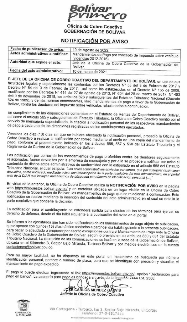 AVISO DE NOTIFICACIÓN M.P. del 19-08-2022