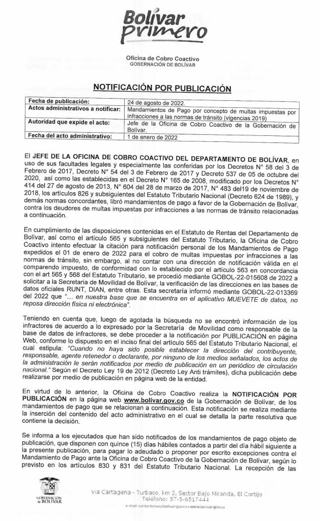 Notificación por publicación infracciones de tránsito