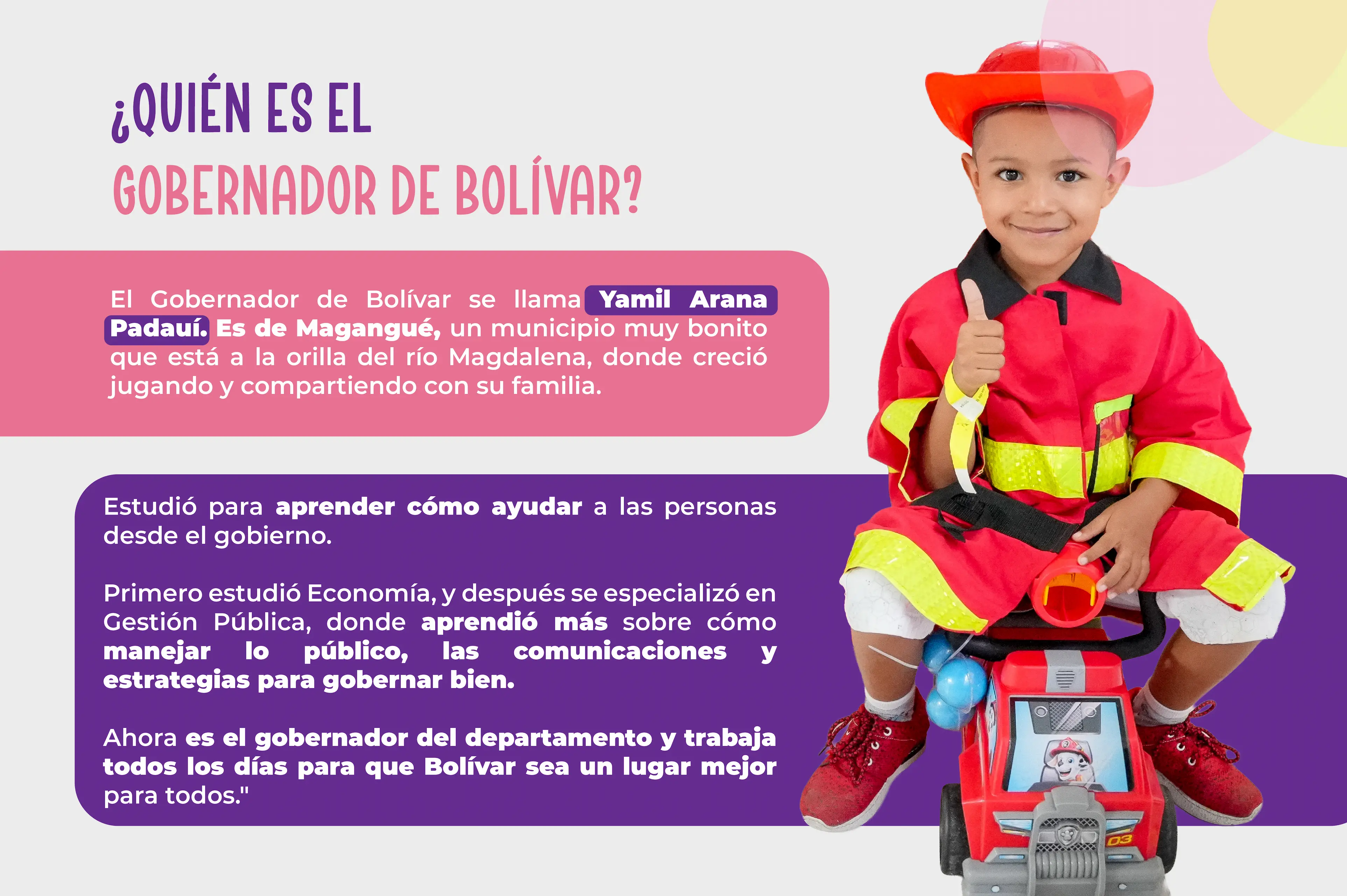 ¿Quién es el gobernador de Bolívar? El Gobernador de Bolívar se llama Yamil Arana Padauí. Es de Magangué, un municipio muy bonito que está a la orilla del río Magdalena, donde creció jugando y compartiendo con su familia. Estudió para aprender cómo ayudar a las personas desde el gobierno. Primero estudió Economía, y después se especializó en Gestión Pública, donde aprendió más sobre cómo manejar lo público, las comunicaciones y estrategias para gobernar bien. Ahora es el gobernador del departamento y trabaja todos los días para que Bolívar sea un lugar mejor para todos.