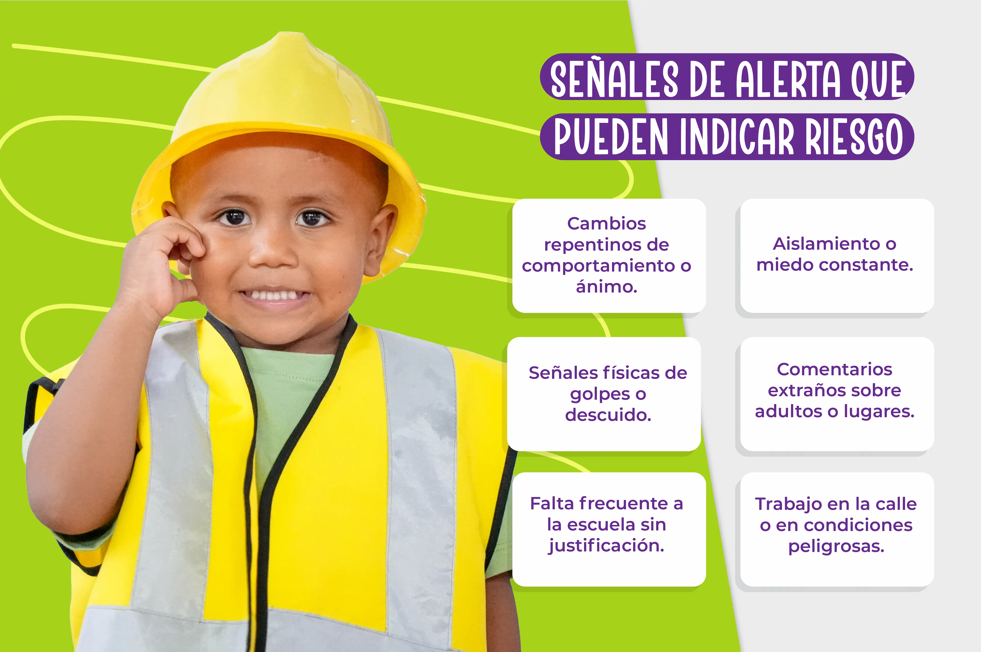 Señales de alerta que pueden indicar riesgo - Cambios repentinos de comportamiento o ánimo. - Aislamiento o miedo constante. - Señales físicas de golpes o descuido. - Comentarios extraños sobre adultos o lugares. - Falta frecuente a la escuela sin justificación. - Trabajo en la calle o en condiciones peligrosas.