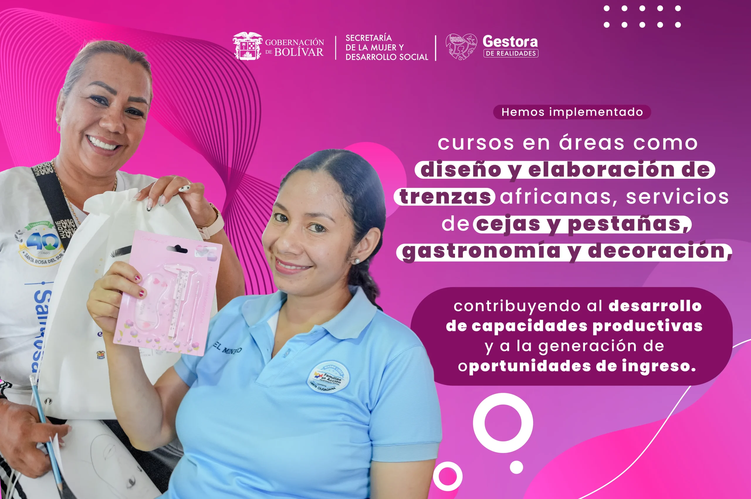 Dos mujeres muestran materiales de belleza mientras un mensaje destaca cursos de diseño, trenzas africanas, cejas, pestañas, gastronomía y decoración.