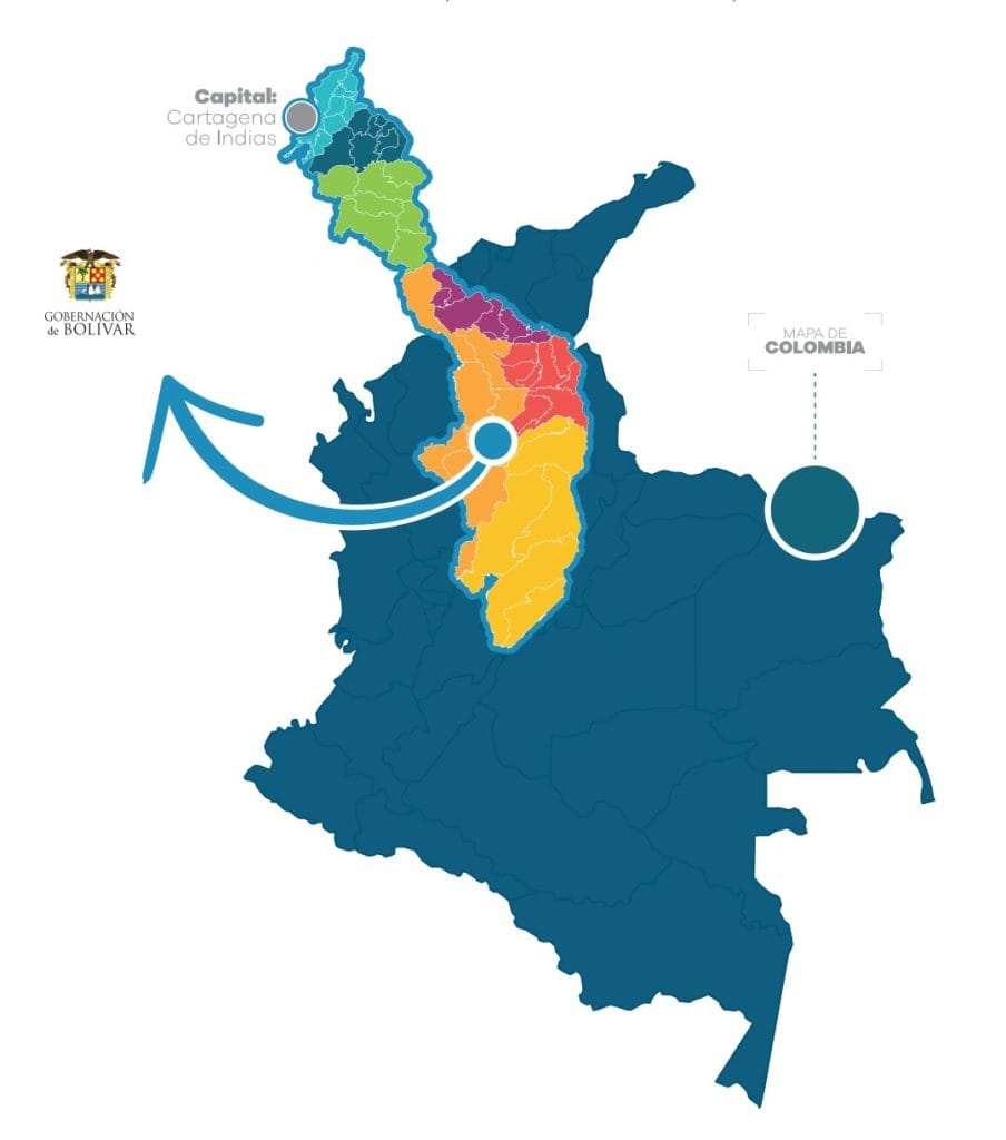 El mapa muestra el departamento de Bolívar en Colombia, resaltando su capital, Cartagena de Indias. La imagen presenta un mapa estilizado de Colombia, donde la mayoría del país está representado en un tono azul oscuro. Sobre este fondo, se destaca una sección de color azul turquesa, que representa el departamento de Bolívar. Este departamento está subdividido a su vez en varias secciones de diferentes colores vibrantes: azul claro, azul oscuro, verde, morado, rojo y naranja, que parecen indicar diferentes subregiones o municipios dentro de Bolívar. La capital de Bolívar, Cartagena de Indias, está señalada con un círculo de color gris claro en la parte superior de la sección azul turquesa, con el texto "Capital: Cartagena de Indias" al lado. En la parte izquierda de la imagen, se encuentra el escudo de Bolívar y el texto "GOBERNO DE BOLIVAR" en letras blancas sobre un fondo azul. Una gran flecha curva de color azul claro y blanco sale de un punto dentro de Bolívar y apunta hacia el exterior, sugiriendo una acción, un movimiento o una conexión. A la derecha del mapa principal, hay un pequeño recuadro que dice "MAPA DE COLOMBIA" con una línea discontinua que apunta a un círculo de color azul oscuro, sin una etiqueta específica. El fondo general de la imagen es blanco, lo que hace que los colores del mapa resalten. La atmósfera es informativa y clara, sin elementos emocionales complejos.