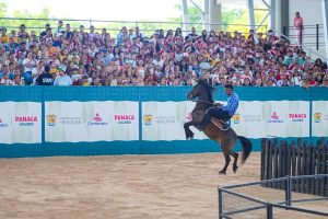 Jinete con un caballo encabritado en la pista de Panaca Viajero ante graderías llenas de público.